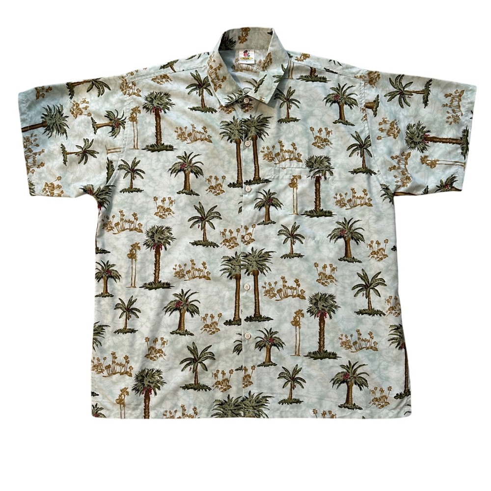 Rima Beachworld Palm Tree Hawaiian Shirt Tropical Print Button Up Mens Large‎